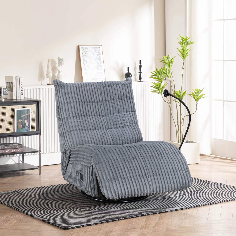 The Viva Swivel Recliner Chair in Grey features swivel and recline functions, soft ribbed fabric and mobile phone holder.