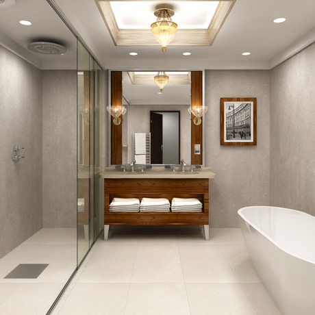 The Aquaply Elegance Argon wall panel brings a stone inspired beige and grey fnish with easy installation, antibacterial protection & a 35 year guarantee