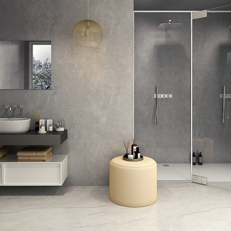 The Aquaply Elegance Cement wall panel features a modern grey cement effect with easy installation, antibacterial protection and a 35 year guarantee