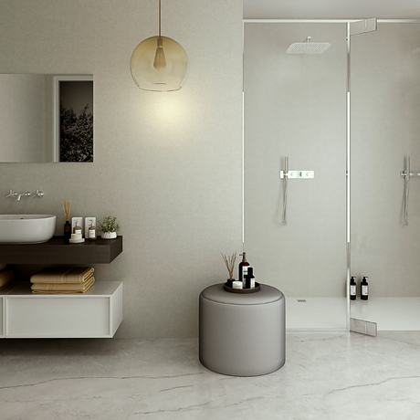 The Aquaply Elegance Nickel Elements wall panel offers a brushed metallic finish with easy installation, antibacterial protection and a 35 year guarantee