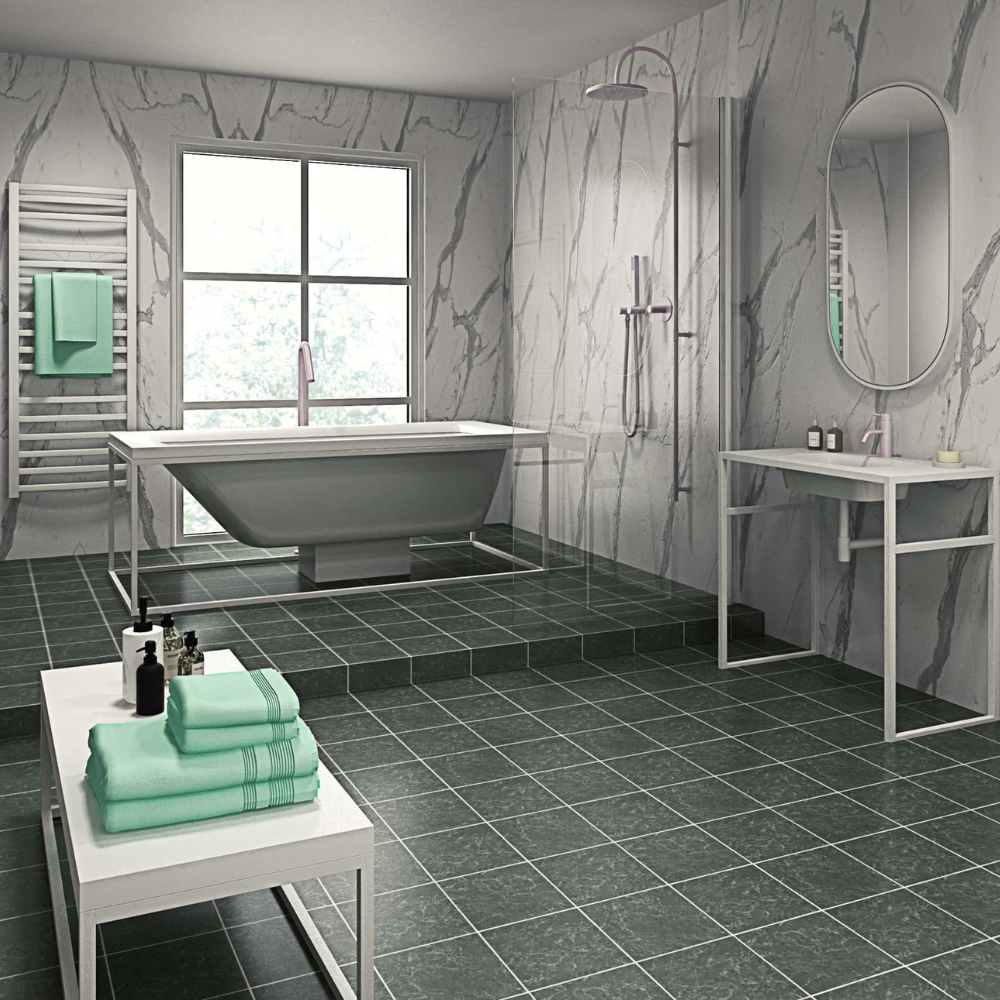 The Aquaply Elegance Statuario Marble wall panel brings a luxurious marble look with easy installation, antibacterial protection & a 35 year guarantee