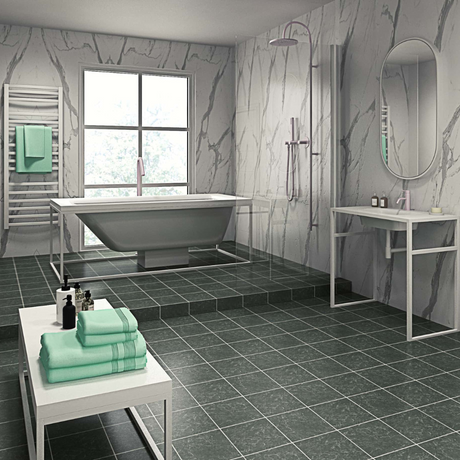 The Aquaply Elegance Statuario Marble wall panel brings a luxurious marble look with easy installation, antibacterial protection & a 35 year guarantee