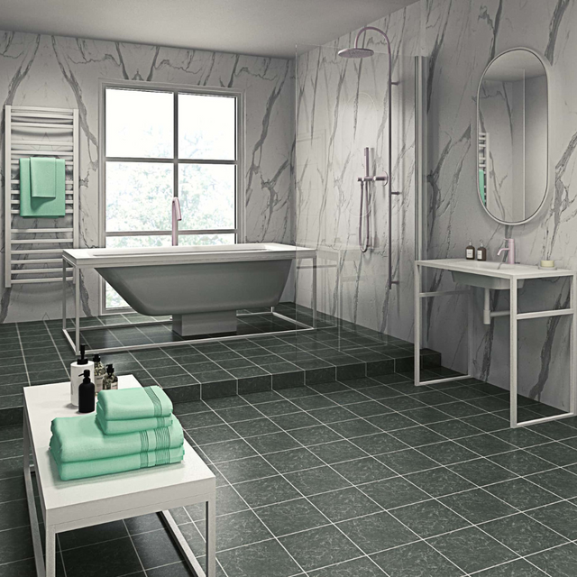 The Aquaply Elegance Statuario Marble wall panel brings a luxurious marble look with easy installation, antibacterial protection & a 35 year guarantee