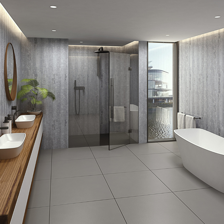 The Aquaply Elegance Urban Fall wall panel brings a earthy waterfall inspired tone with easy installation, antibacterial protection & a 35 year guarantee