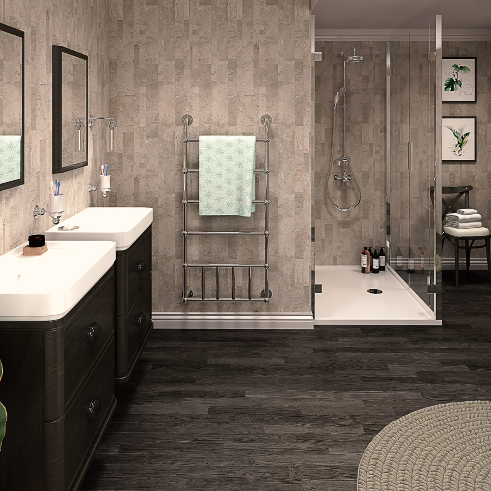 The Aquaply Harmony Bithon Marble wall panel features warm marble effect with easy installation, antibacterial protection and a 35 year guarantee