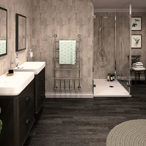 The Aquaply Harmony Bithon Marble wall panel features warm marble effect with easy installation, antibacterial protection and a 35 year guarantee