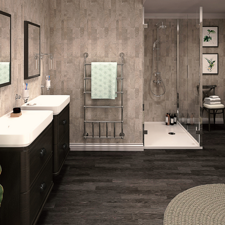 The Aquaply Harmony Bithon Marble wall panel features warm marble effect with easy installation, antibacterial protection and a 35 year guarantee