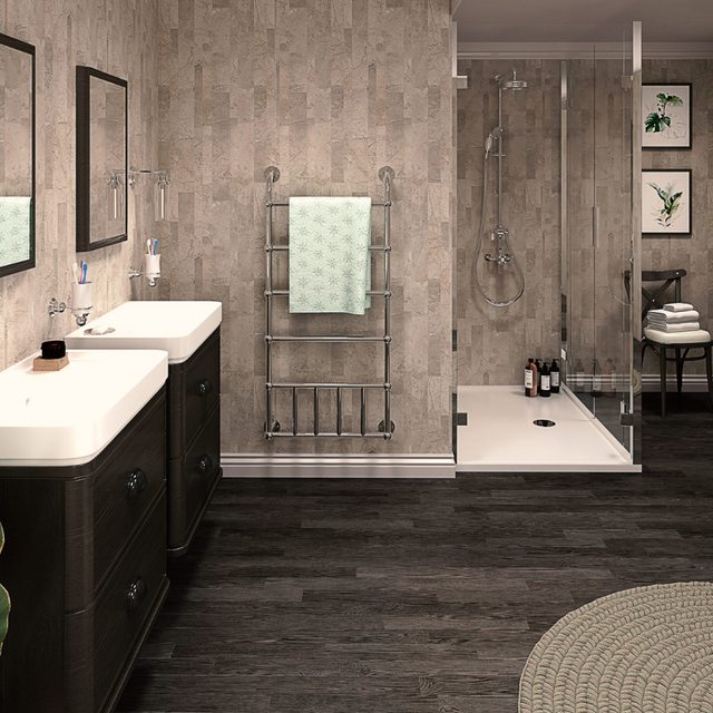 The Aquaply Harmony Bithon Marble wall panel features warm marble effect with easy installation, antibacterial protection and a 35 year guarantee