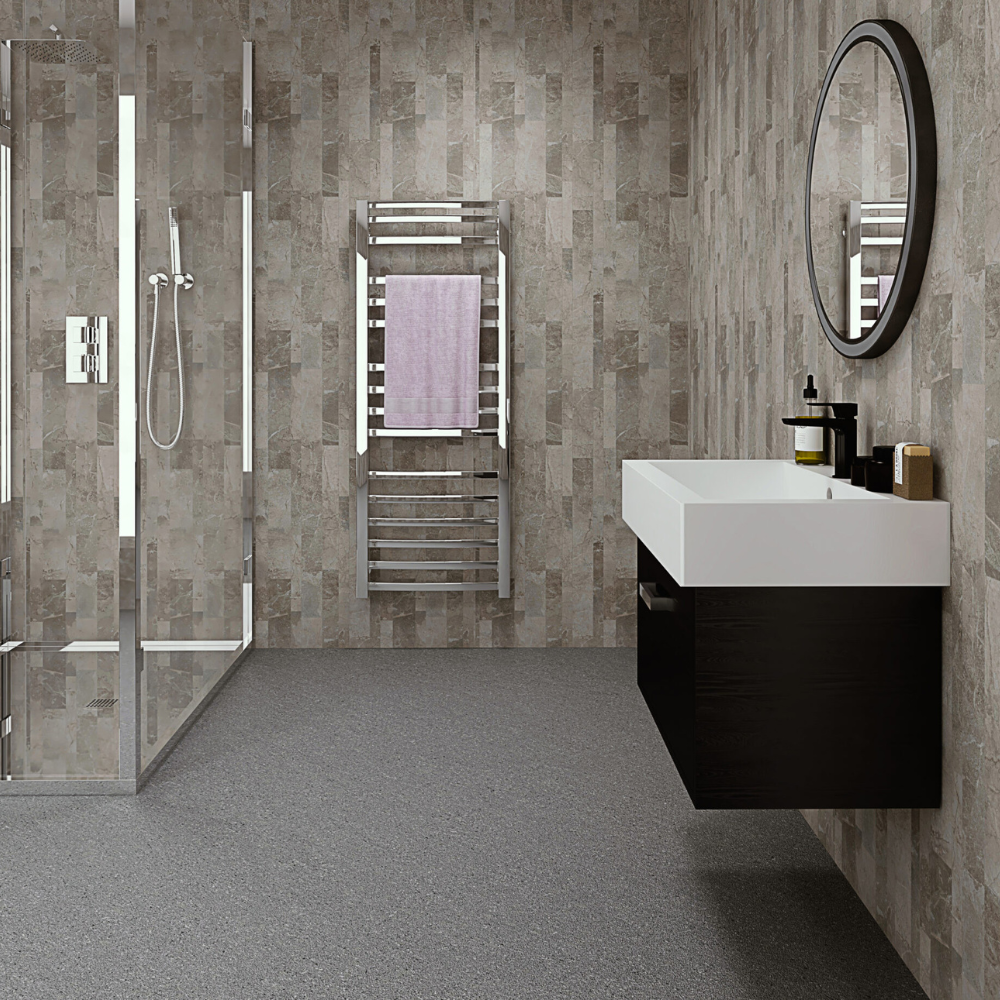 The Aquaply Harmony Bowen Marble wall panel features deep earthy tones with easy installation, antibacterial protection and a 35 year guarantee