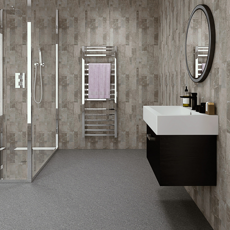 The Aquaply Harmony Bowen Marble wall panel features deep earthy tones with easy installation, antibacterial protection and a 35 year guarantee