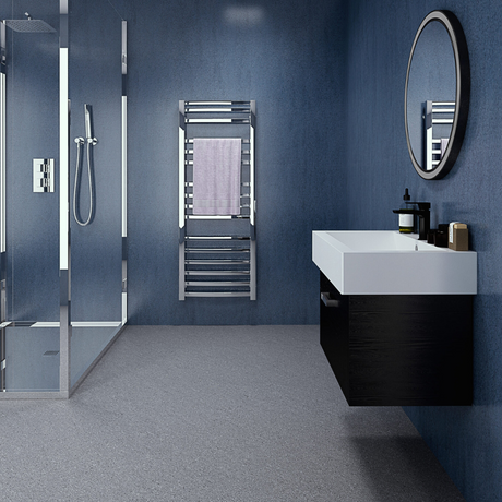 The Aquaply Harmony Cobalt wall panel features a bold navy elegance with easy installation, antibacterial protection and a 35 year guarantee