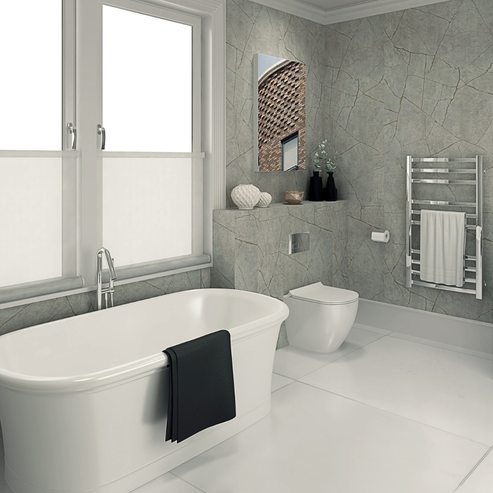 The Aquaply Harmony Roffel Marble wall panel features a cool grey elegance with easy installation, antibacterial protection and a 35 year guarantee