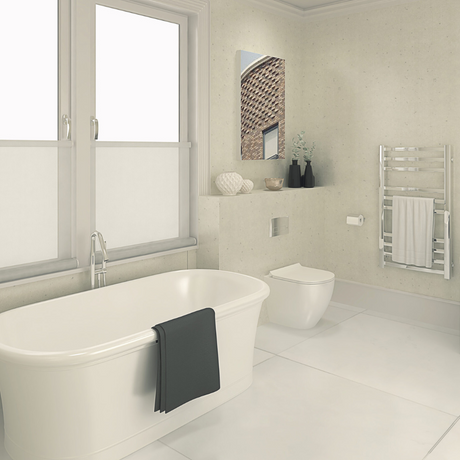 The Aquaply Harmony Silver wall panel features a glittery and glossy finish with easy installation, antibacterial protection and a 35 year guarantee
