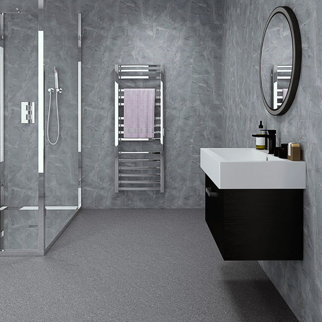 The Aquaply Harmony Verde Marble wall panel features a marble inspired finish with easy installation, antibacterial protection and a 35 year guarantee
