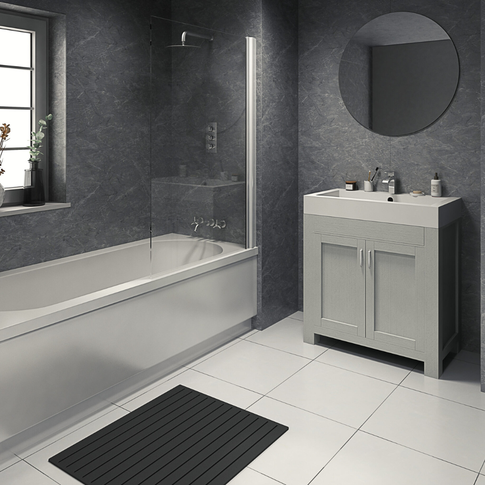 The Aquaply Origins Black Bonito wall panel brings granite inspired dark grey tones with easy installation, antibacterial protection and a 35 year guarantee