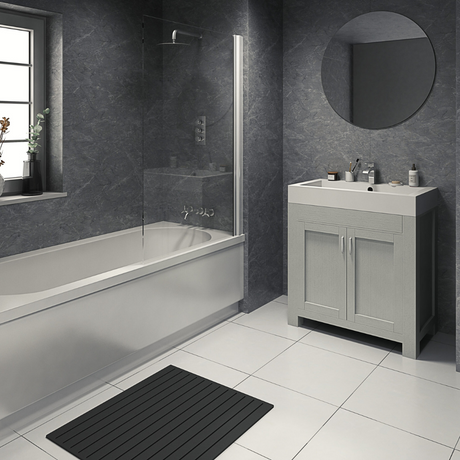 The Aquaply Origins Black Bonito wall panel brings granite inspired dark grey tones with easy installation, antibacterial protection and a 35 year guarantee