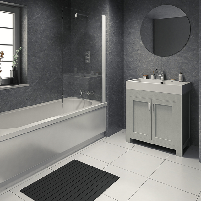 The Aquaply Origins Black Bonito wall panel brings granite inspired dark grey tones with easy installation, antibacterial protection and a 35 year guarantee