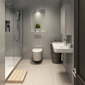 The Aquaply Origins Blue Eiger wall panel features breezy blue grey marbling with easy installation, antibacterial protection and a 35 year guarantee