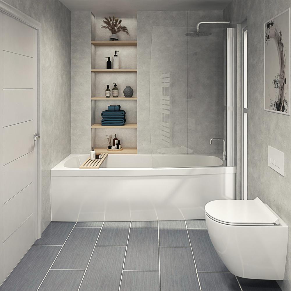 The Aquaply Origins Cloudy Marble wall panel brings soft grey tones with easy installation, antibacterial protection and a 35 year guarantee