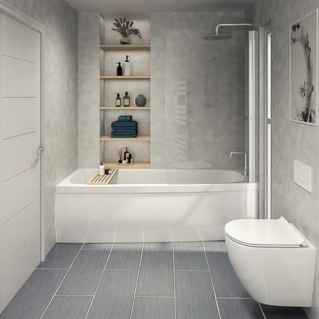 The Aquaply Origins Cloudy Marble wall panel brings soft grey tones with easy installation, antibacterial protection and a 35 year guarantee