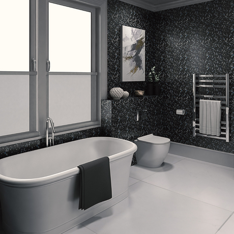 The Aquaply Origins Midnight Sparkle wall panel adds glamorous shimmer with easy installation, antibacterial protection and a 35 year guarantee