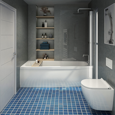 The Aquaply Origins Oyster Marble wall panel brings grey and green tones with easy installation, antibacterial protection and a 35 year guarantee