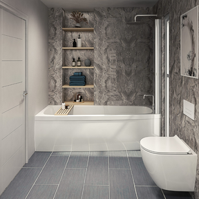 The Aquaply Origins Toffee Marble wall panel brings beige and grey tones with easy installation, antibacterial protection and a 35 year guarantee