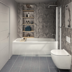 The Aquaply Origins Toffee Marble wall panel brings beige and grey tones with easy installation, antibacterial protection and a 35 year guarantee