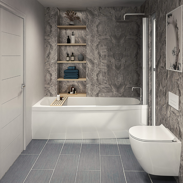 The Aquaply Origins Toffee Marble wall panel brings beige and grey tones with easy installation, antibacterial protection and a 35 year guarantee