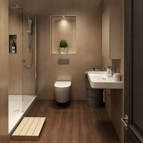 The Aquaply Origins Travertino wall panel brings features warm sandy stone tones with easy installation, antibacterial protection and a 35 year guarantee