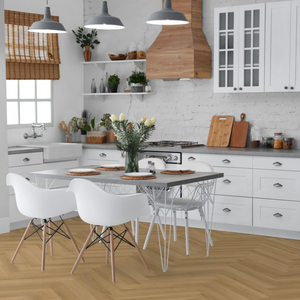 The Warren Oak Herringbone Flooring - 12mm features AC4 durability, easy Doc Loc installation, underfloor heating compatible.