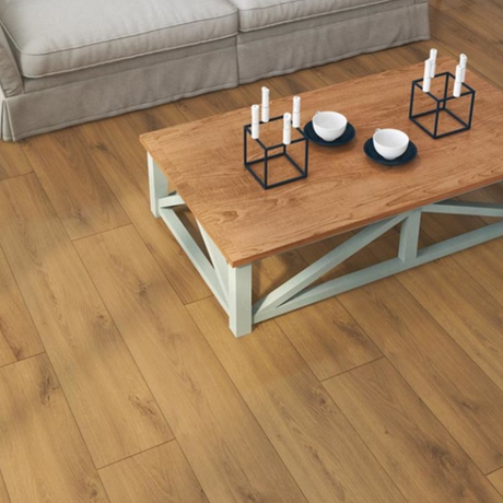 The Westminster Oak Laminate Flooring - 12mm features AC6-rated, water resistance, and a 40-year warranty.
