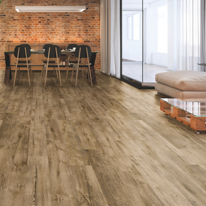 The Westside Oak Laminate Flooring - 12mm features rustic brown tones, AC4 durability, V Groove Bevel, water protection and easy click installation