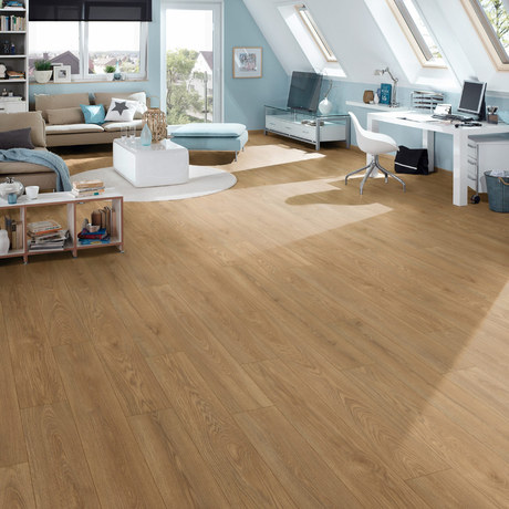 The Wheat Cornforth Oak Laminate Flooring - 8mm features natural warmth, AC4 durability, antibacterial, and easy 1Click 2Go installation
