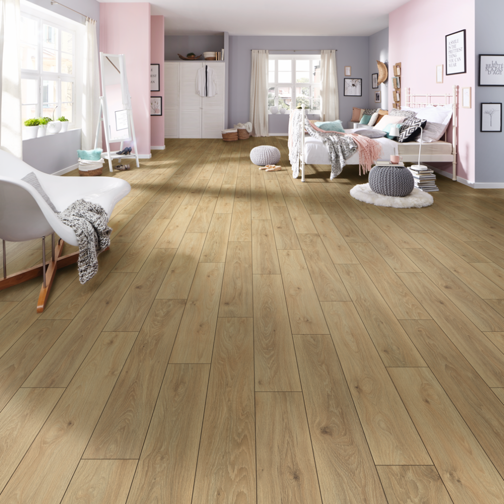 The Wheat Pistachio Oak Laminate Flooring - 8mm features light beige modern style, AC4 durability, antibacterial protection and easy 1Click 2Go installation