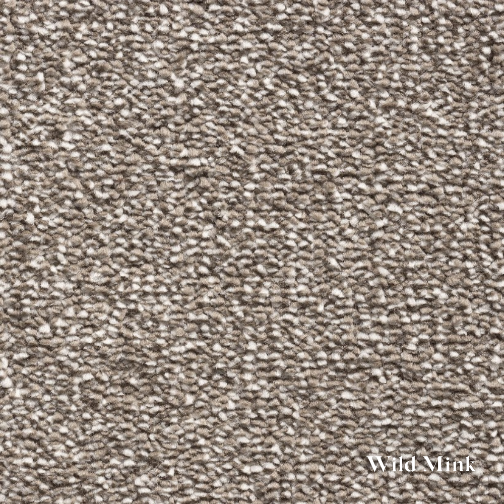 Close-up of textured brown carpet with 'Wild Mink' label