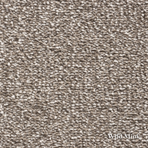 Close-up of textured brown carpet with 'Wild Mink' label