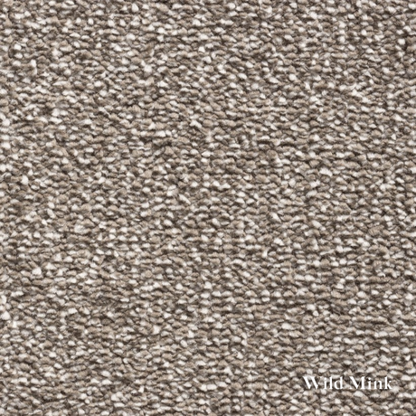 Close-up of textured brown carpet with 'Wild Mink' label