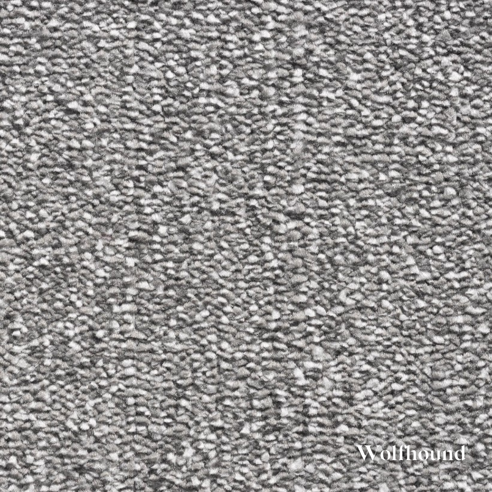 Close-up of gray textured carpet with 'Wolfhound' brand name.