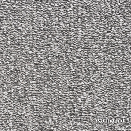 Close-up of gray textured carpet with 'Wolfhound' brand name.