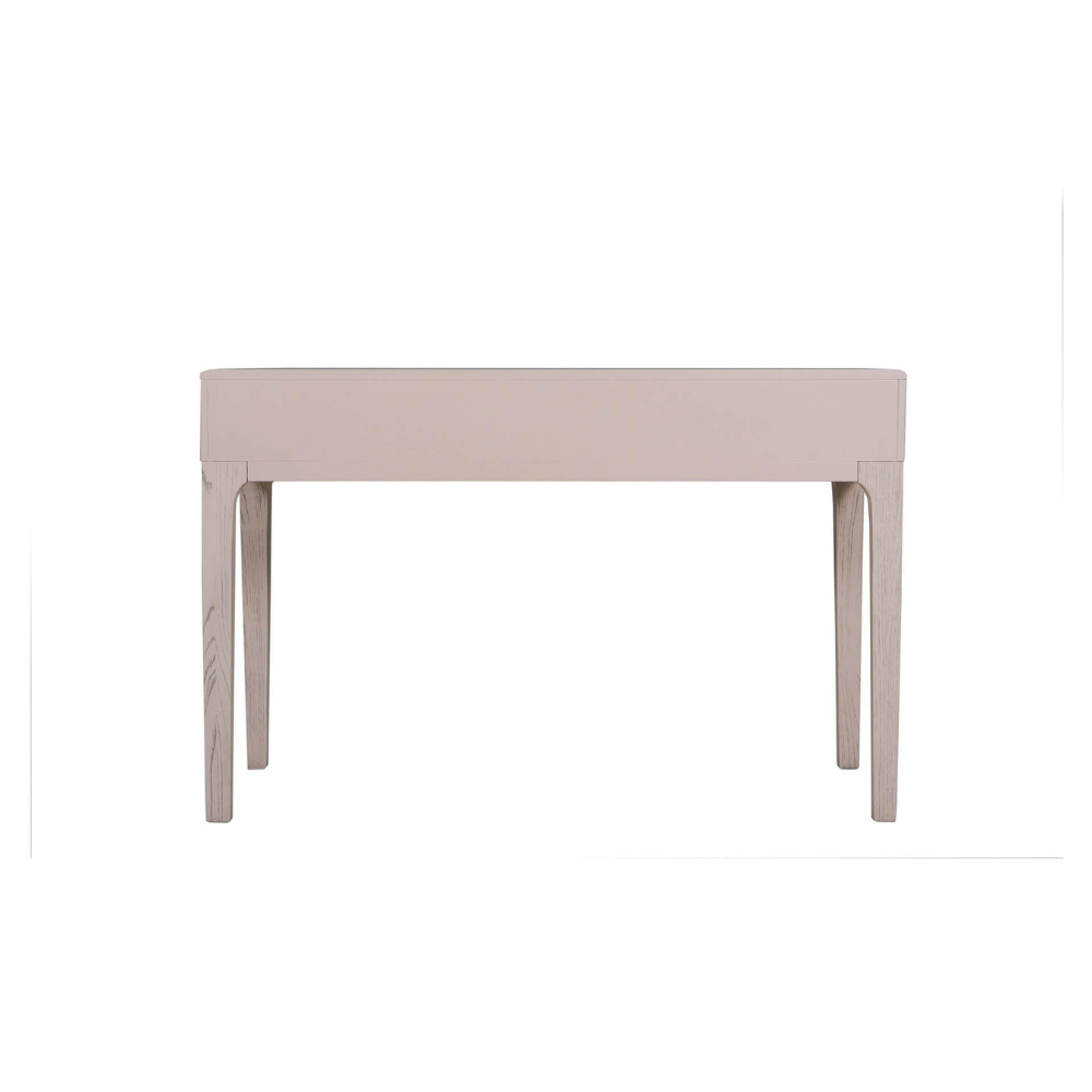 The Zahra Dressing Table with 2 Drawers in Parisian Cream features a refined oak finish and is perfect for storing essentials.