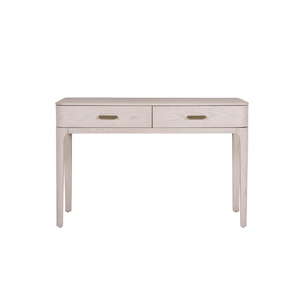 The Zahra Dressing Table with 2 Drawers in Parisian Cream features a refined oak finish and is perfect for storing essentials.