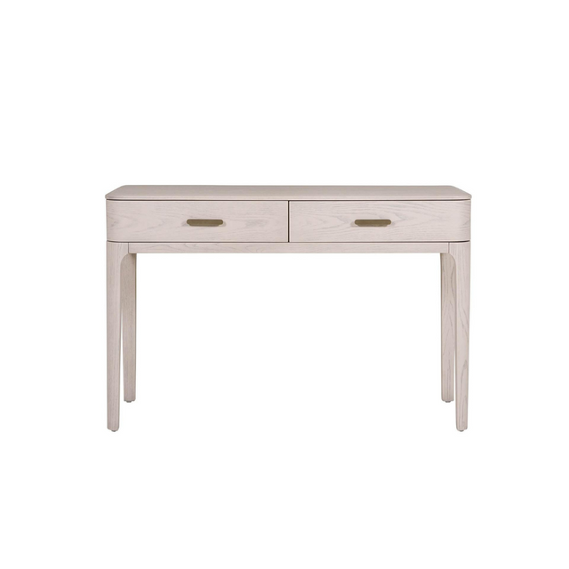 The Zahra Dressing Table with 2 Drawers in Parisian Cream features a refined oak finish and is perfect for storing essentials.