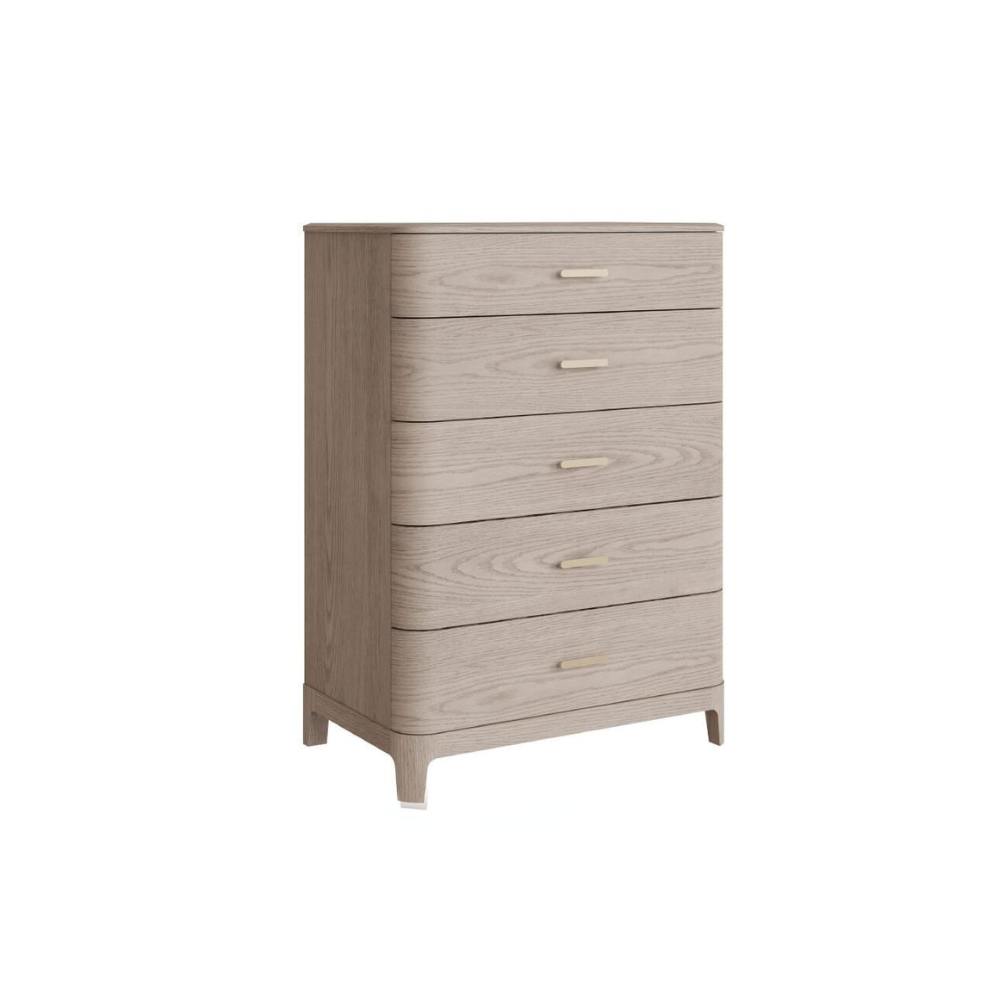 The sophisticated Zahra Tall Chest Drawers in Parisian Cream features 5 spacious drawers, each adorned with a gold metal handle.