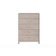 The sophisticated Zahra Tall Chest Drawers in Parisian Cream features 5 spacious drawers, each adorned with a gold metal handle.