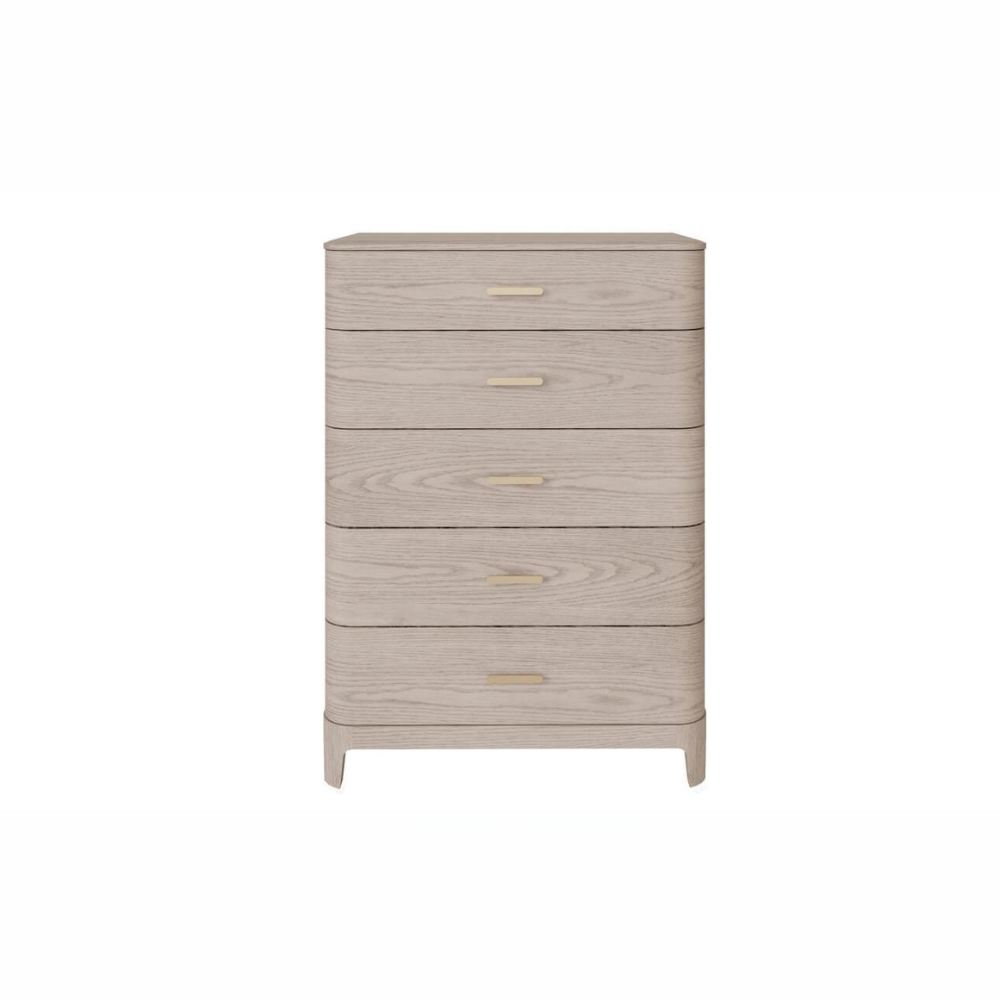 The sophisticated Zahra Tall Chest Drawers in Parisian Cream features 5 spacious drawers, each adorned with a gold metal handle.