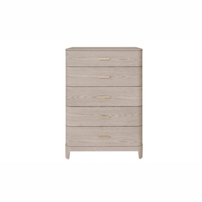 The sophisticated Zahra Tall Chest Drawers in Parisian Cream features 5 spacious drawers, each adorned with a gold metal handle.