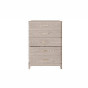 The sophisticated Zahra Tall Chest Drawers in Parisian Cream features 5 spacious drawers, each adorned with a gold metal handle.