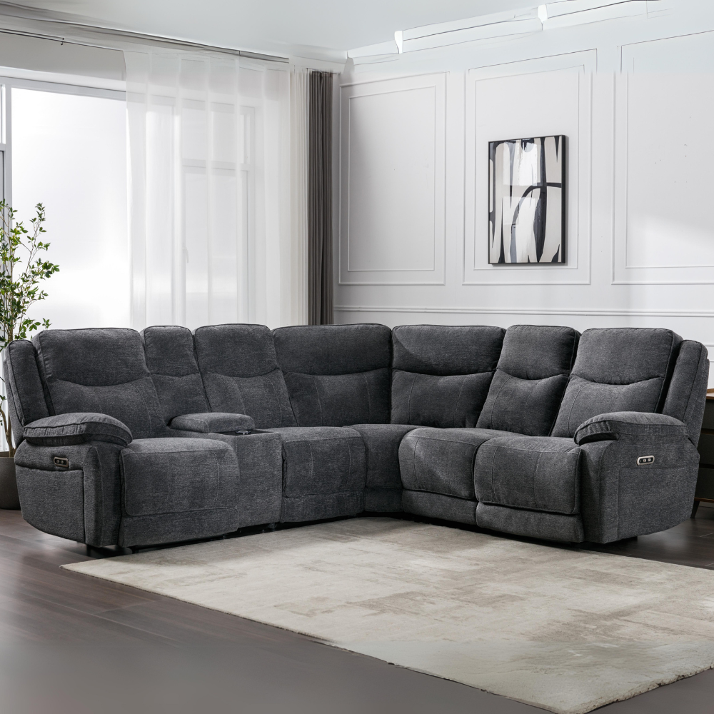 The Hayden Recliner Corner Sofa in Dark Grey features plush reclining comfort, spacious seating, and modern design