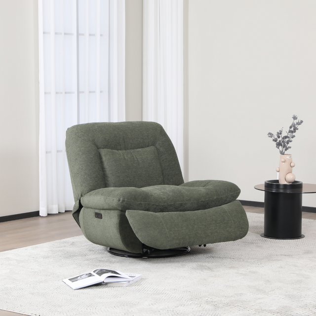 The Ebba Recliner Chair in Green is upholstered in a flat bouclé fabric, swivel function and electric recline for adjusting.